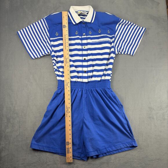 VTG CA Sports Romper Women's Medium Blue/White Striped Nautical Stranger Things - Picture 5 of 8